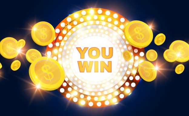 You Win text in the middle of multiple circle lights with gold coins around it