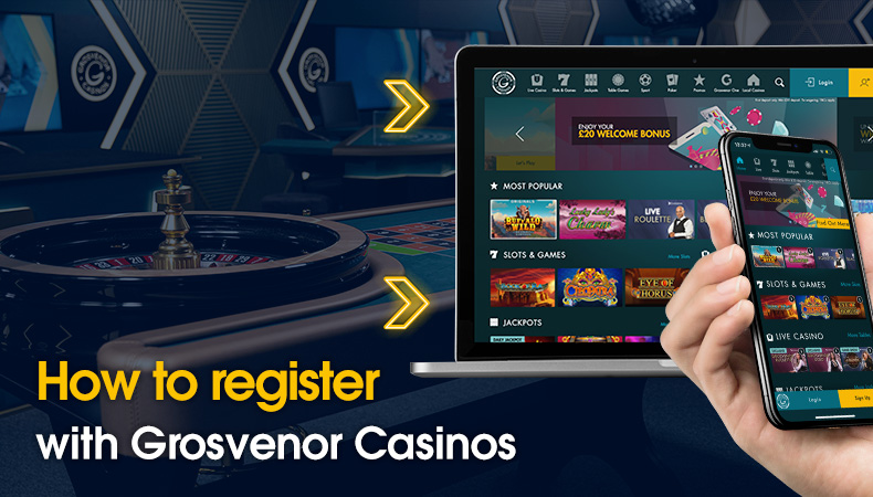 How to register with Grosvenor Casinos message next to a laptop and smartphone