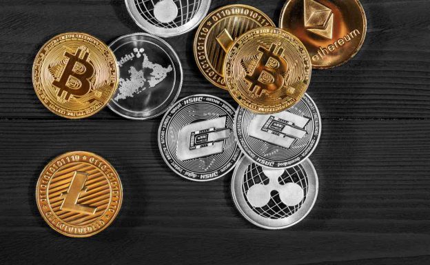 Cryptocurrencies represented with physical coins