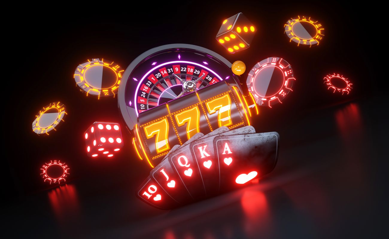 Multiple casino items in red and orange neon scattered across a dark place