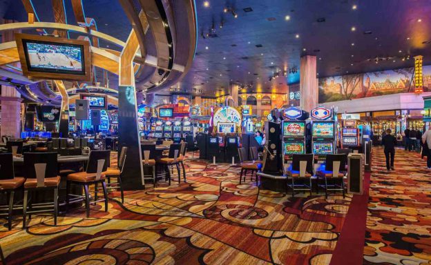Inside of a well lit up casino