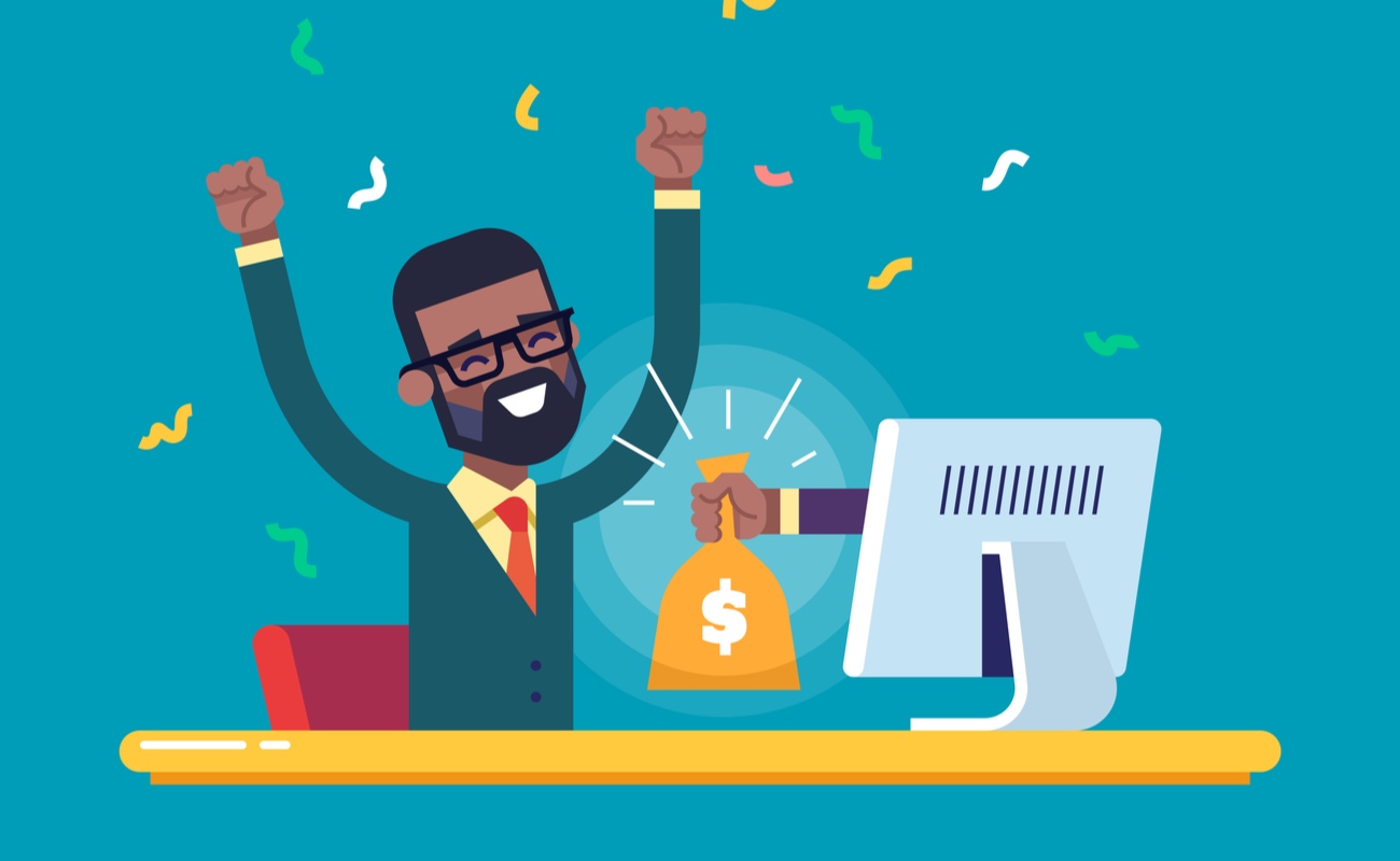 Cartoon man receiving a bag of money from a computer screen