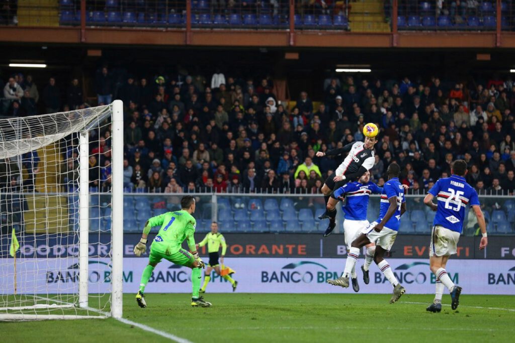 Cristiano Ronaldo scoring a brilliant headed goal for Juventus against Sampdoria