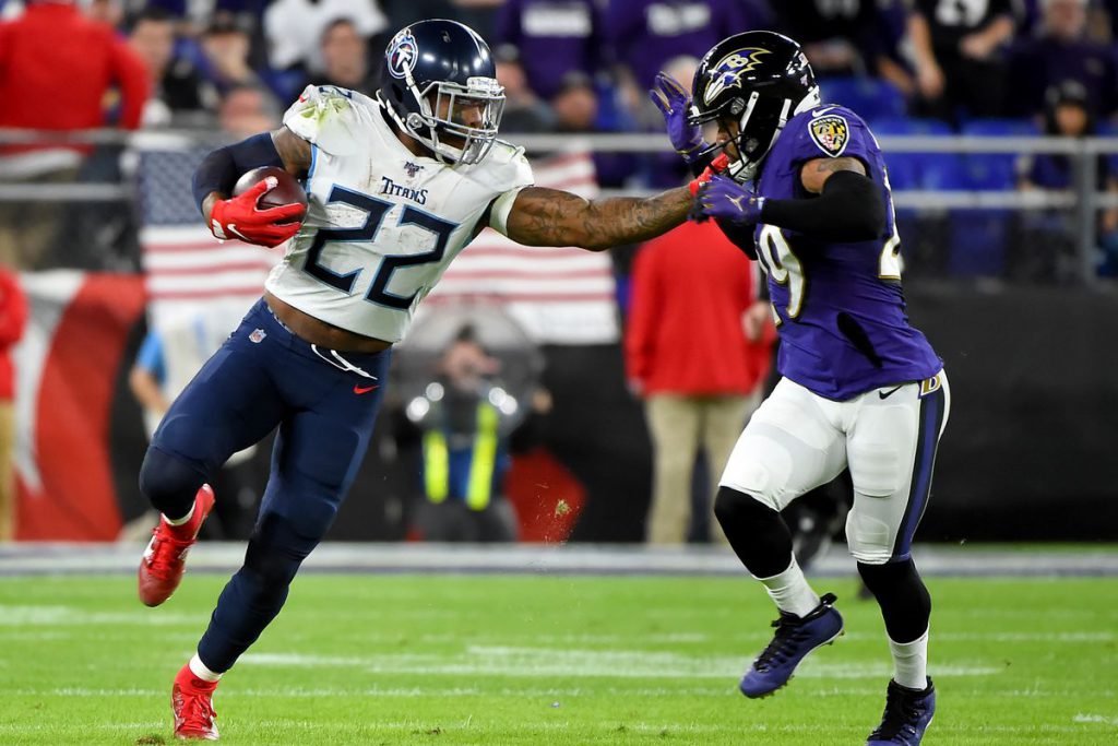 Derrick Henry of the Tennessee Titans in action against Baltimore Ravens in the 2019 NFL Playoffs