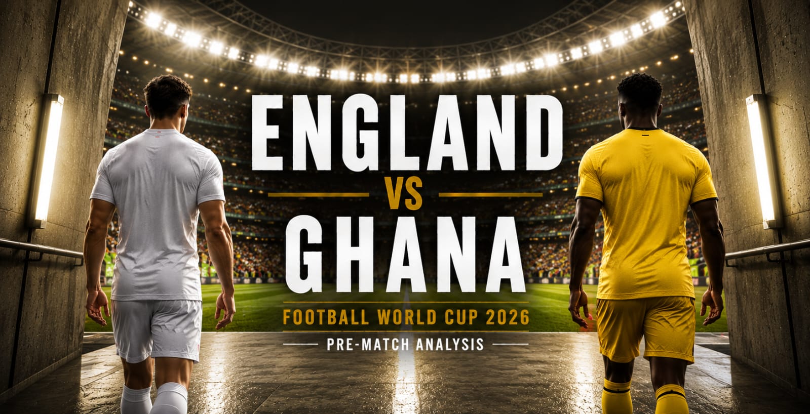 2 football players in white and yellow jersey, representing England and Ghana for the World Cup 2026.