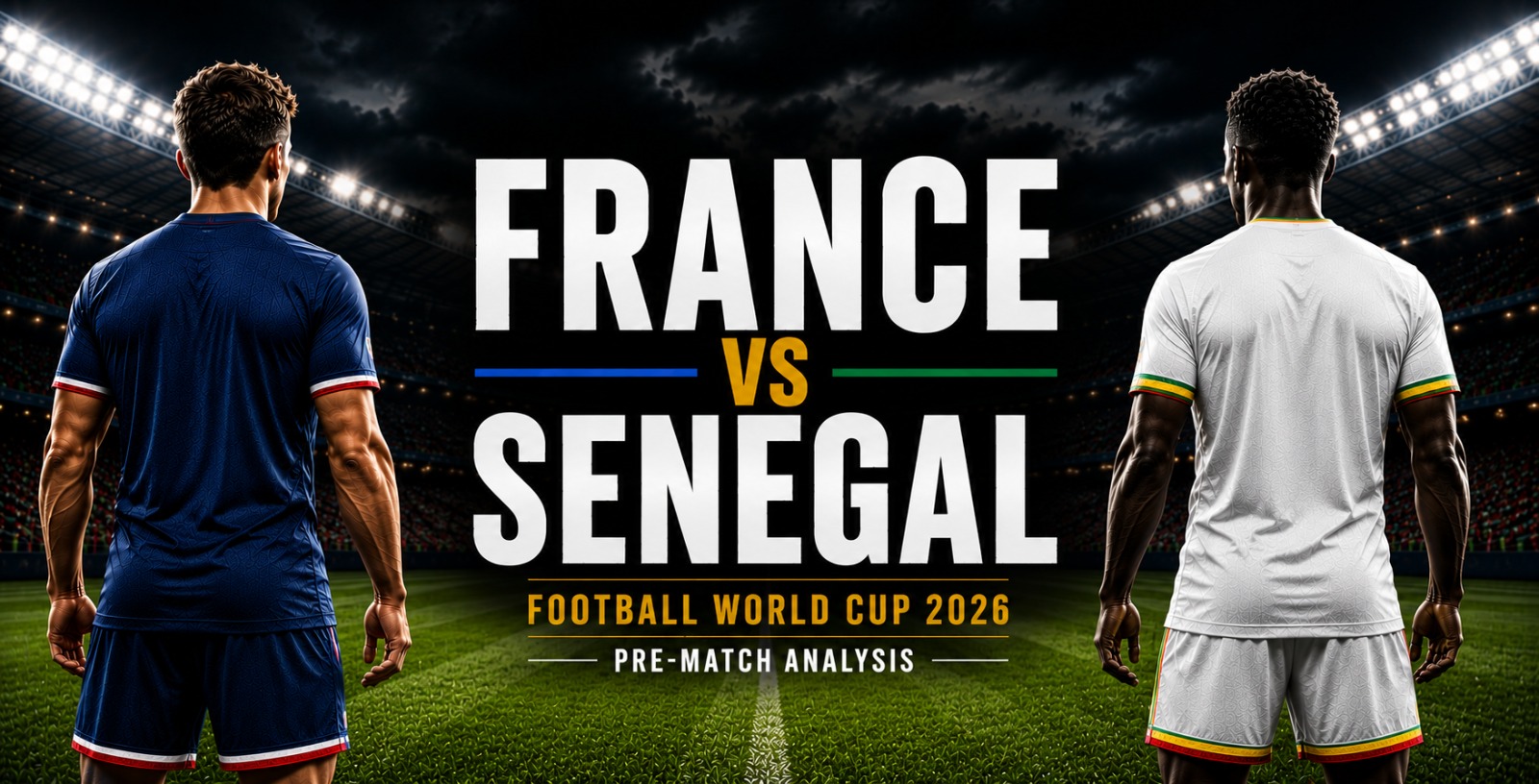 Two football players standing and looking at a stadium - featuring France Vs Senegal for the World Cup 2026.