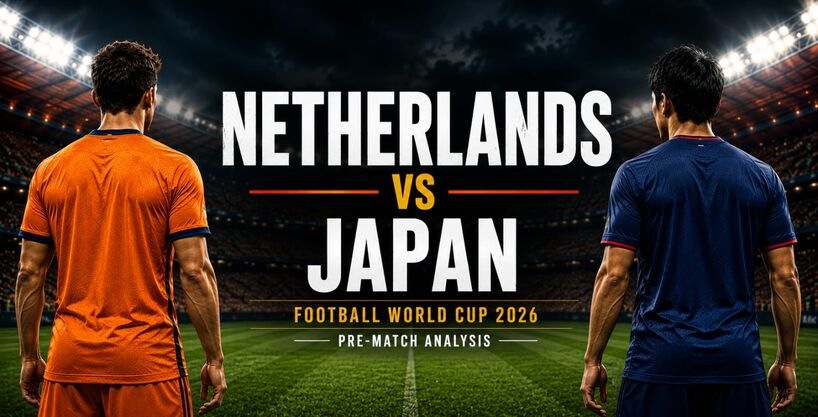 A stadium scene featuring two players facing the pitch, representing the Netherlands and Japan, with a World Cup 2026 match preview title in the centre.