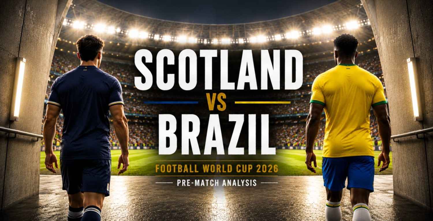 A stadium scene featuring two players facing the pitch, representing Scotland and Brazil, with a World Cup 2026 match preview title in the centre