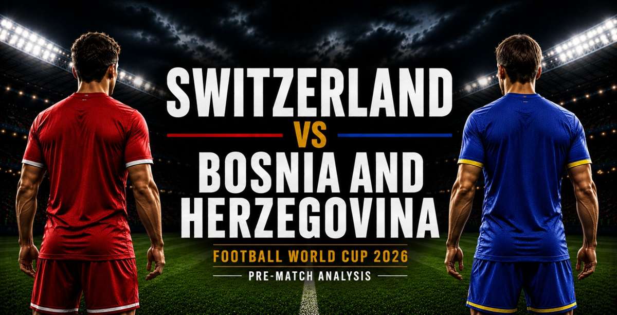 Two footballers looking at a stadium, representing the match Switzerland vs Bosnia and Herzegovina for the World Cup 2026