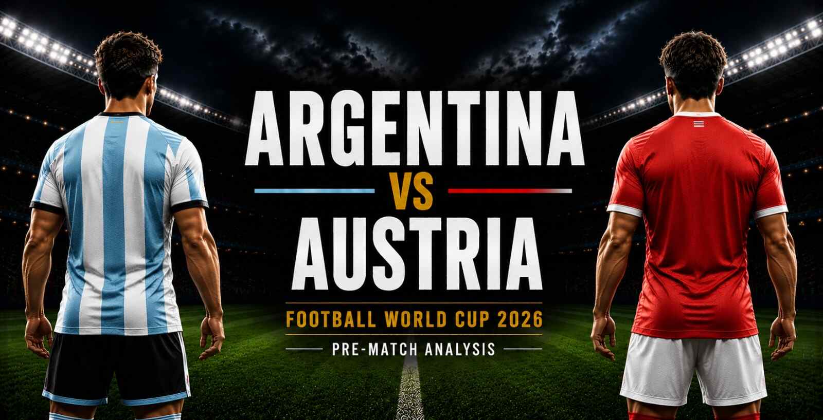 A stadium scene showing two football players representing Argentina and Austria standing on the pitch facing forward, with a World Cup 2026 match preview title displayed at the center of the stadium backdrop under bright floodlights