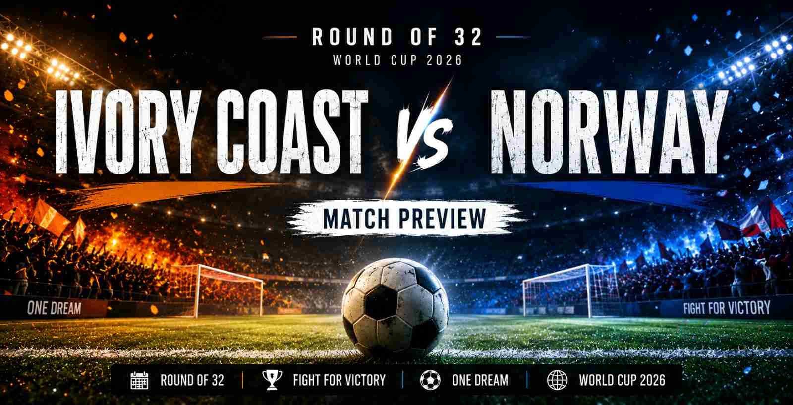 A ball on football pitch for Ivory Coast vs Norway world Cup knockout preview.