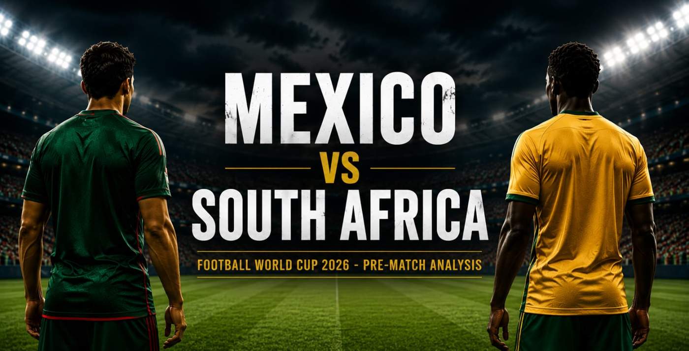 A stadium scene featuring two players facing the pitch, representing Mexico and South Africa, with a World Cup 2026 match preview title in the centre