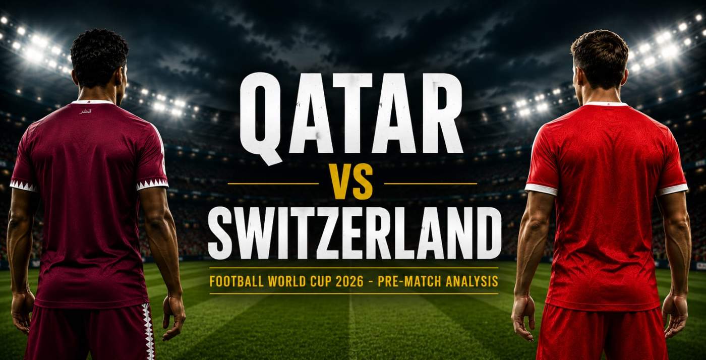 A stadium scene featuring two players facing the pitch, representing Qatar and Switzerland, with a World Cup 2026 match preview title in the centre.