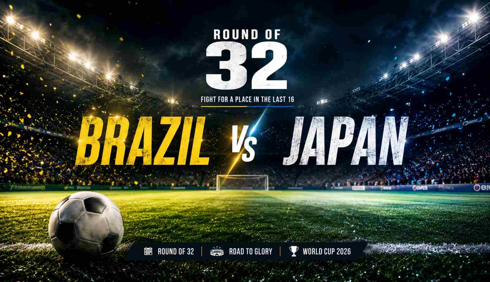 Brazil vs Japan World Cup 2026 Round of 32 match graphic in a stadium with a football on the pitch
