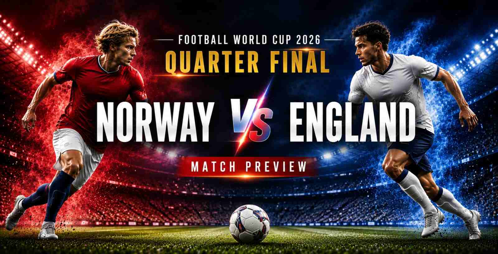 Norway and England face off in a World Cup 2026 quarter-final match preview graphic featuring a football stadium scene.