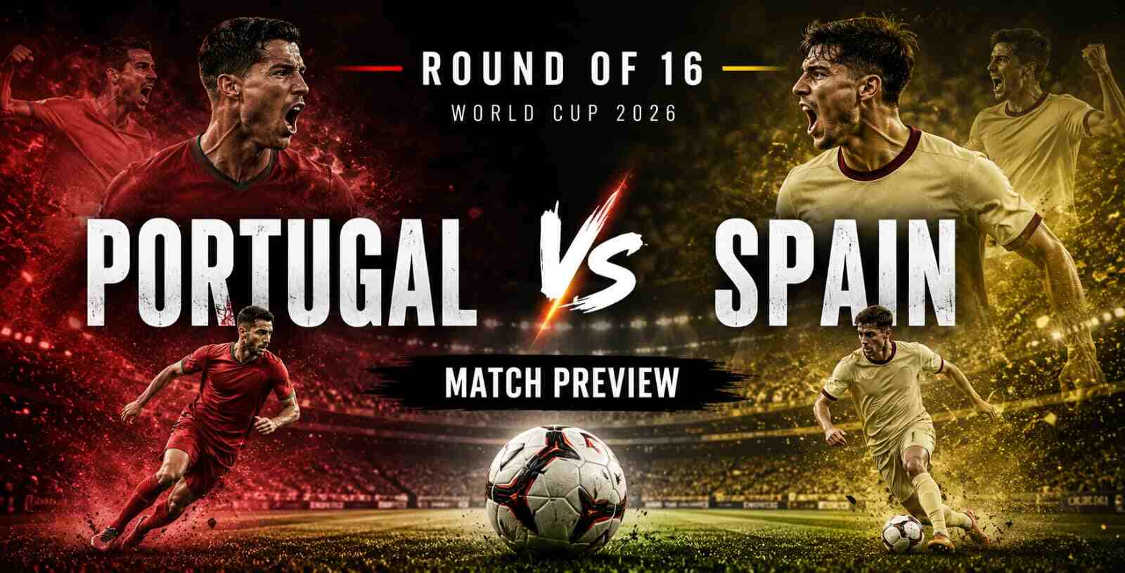 Portugal vs Spain World Cup 2026 Round of 16 match preview graphic with players from both teams and a stadium football backdrop