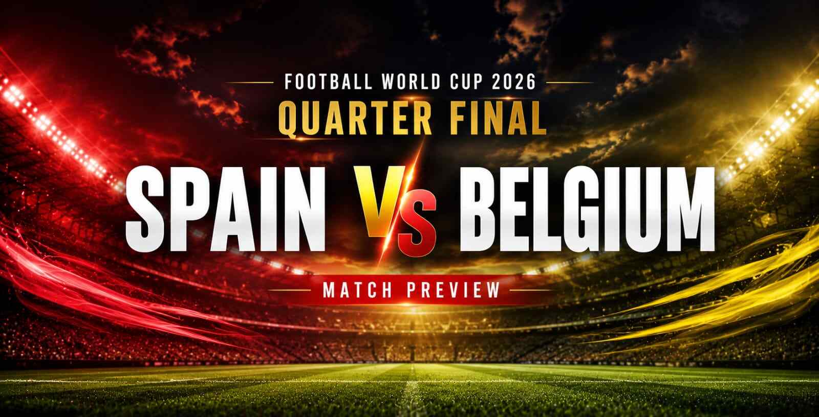 Spain vs Belgium 2026 World Cup quarter-final match preview graphic with stadium lights and national team colours in a football stadium.