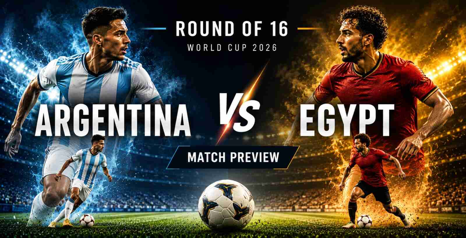 Argentina vs Egypt World Cup 2026 Round of 16 showdown graphic featuring two footballers facing off under stadium lights, with a match ball in the foreground and dramatic blue-and-gold effects.